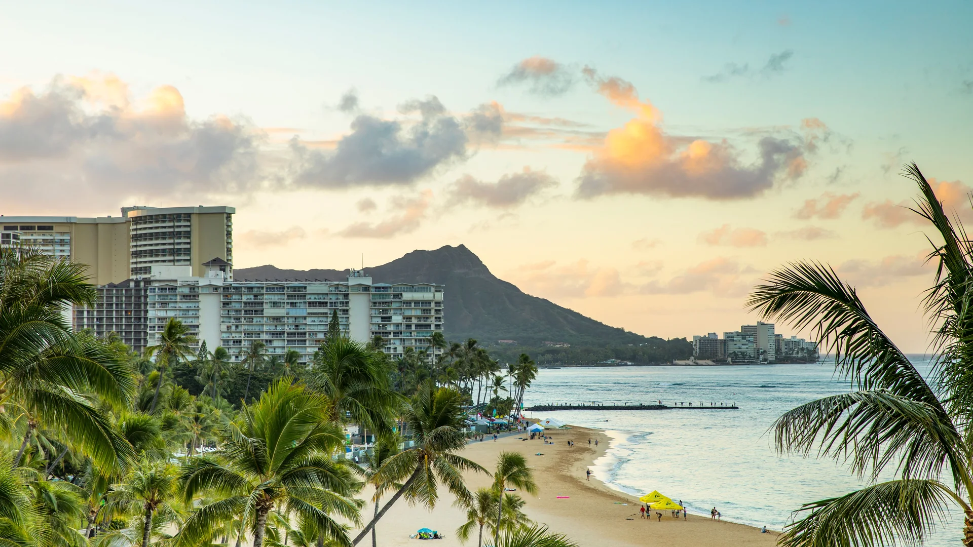 Diamond Head y los hoteles de Waikiki Beach iluminados por un atardecer pastel, enmarcados por frondas de palmera